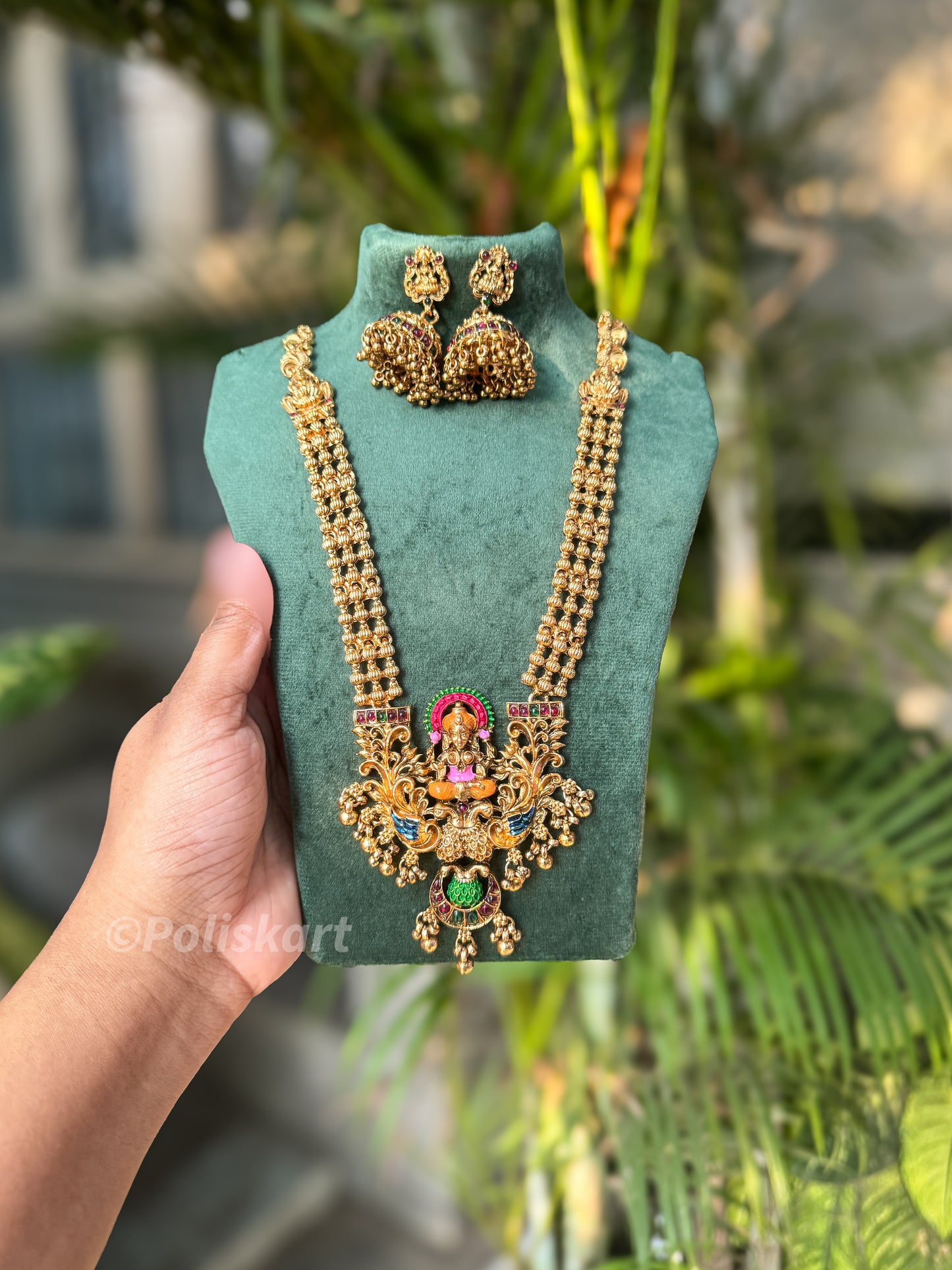 Trending color enamel worked lakshmi haram with jhumka set