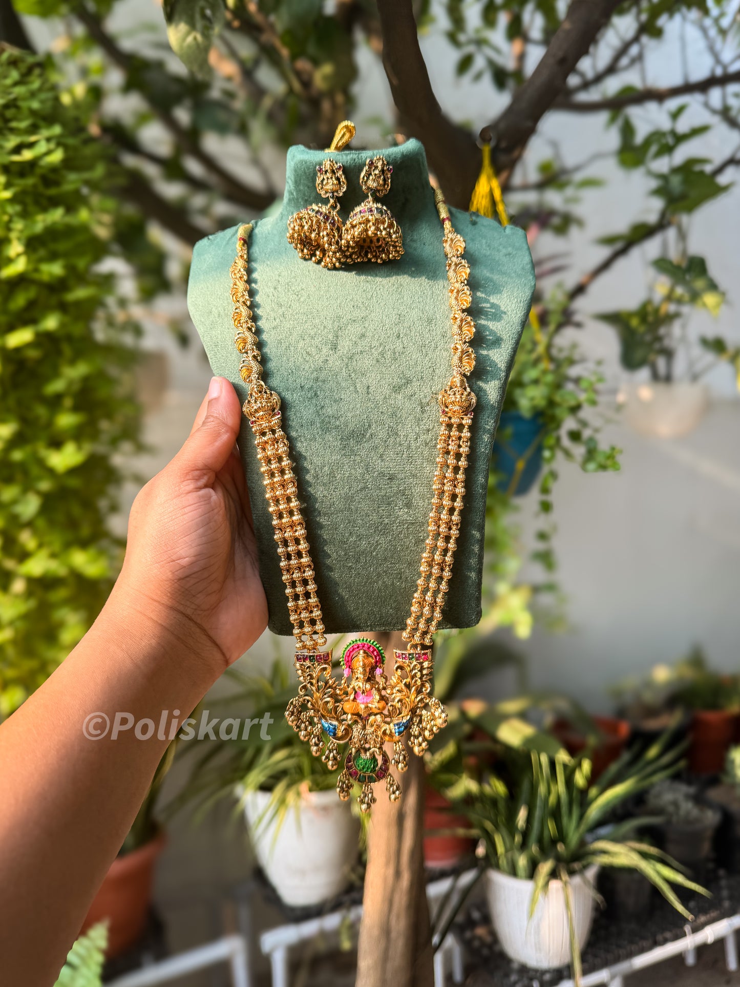Trending color enamel worked lakshmi haram with jhumka set