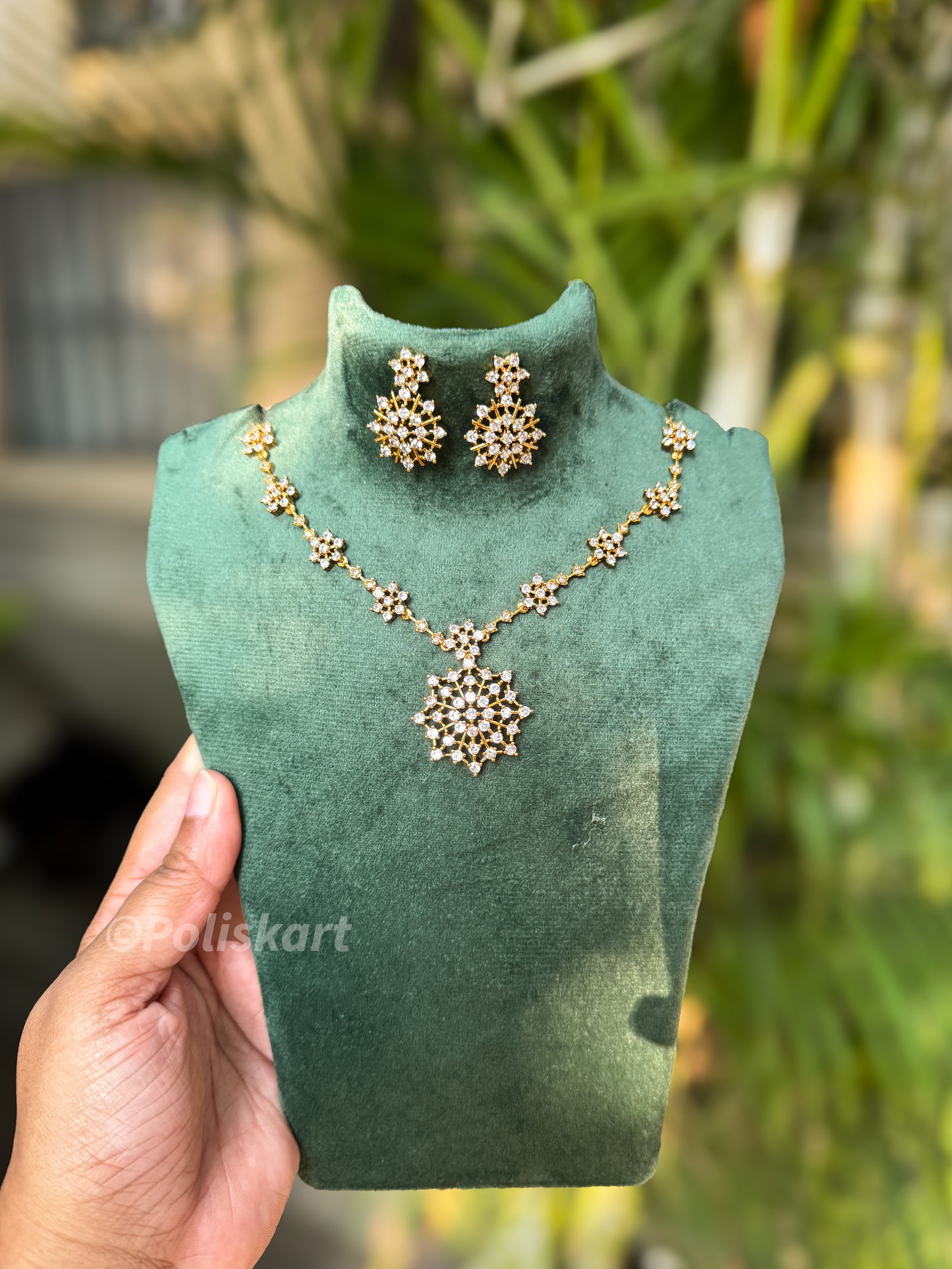 Diamond finished flower stone necklace with earring