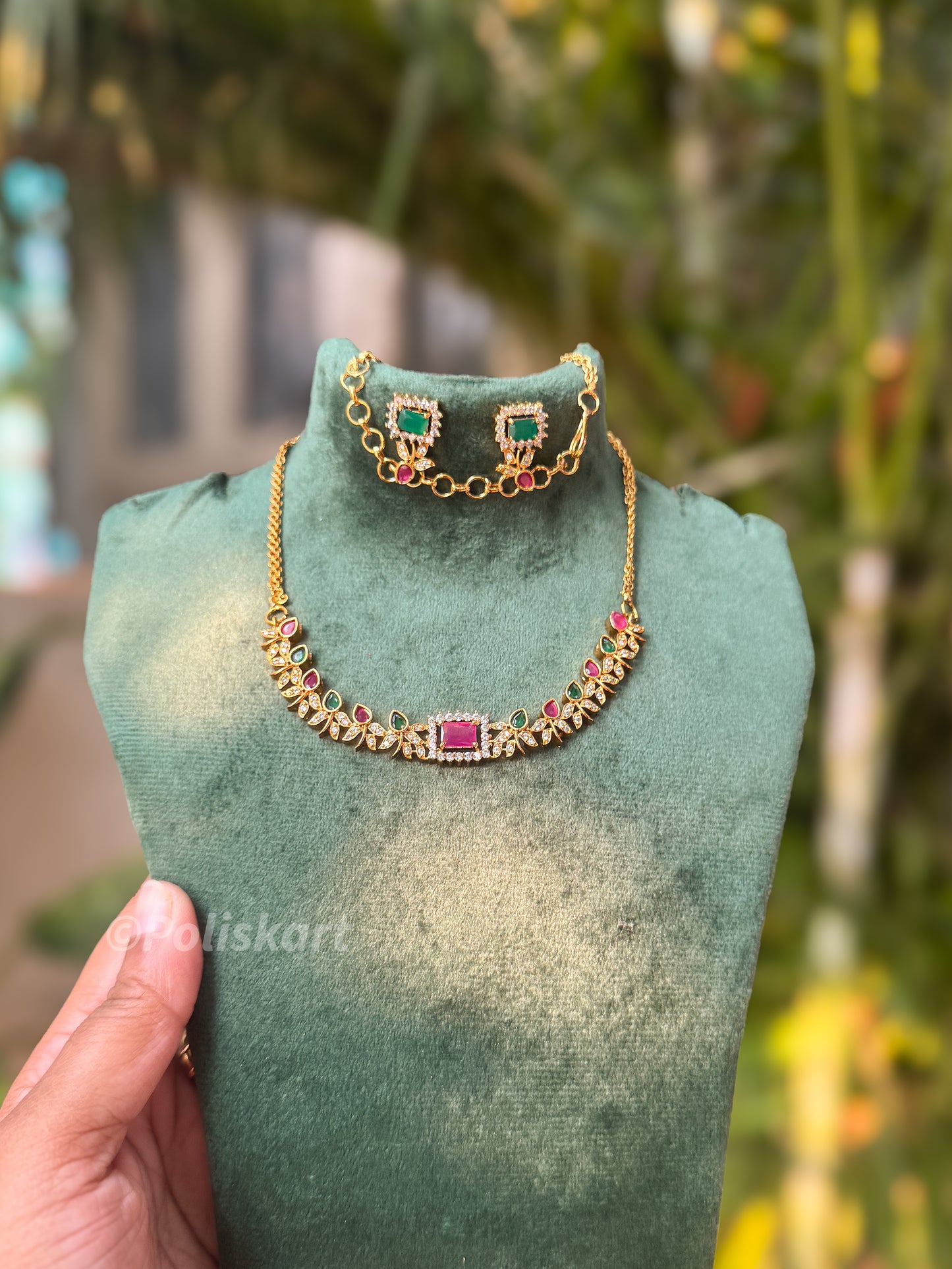Green & Rubi and white stone worked necklace with earring