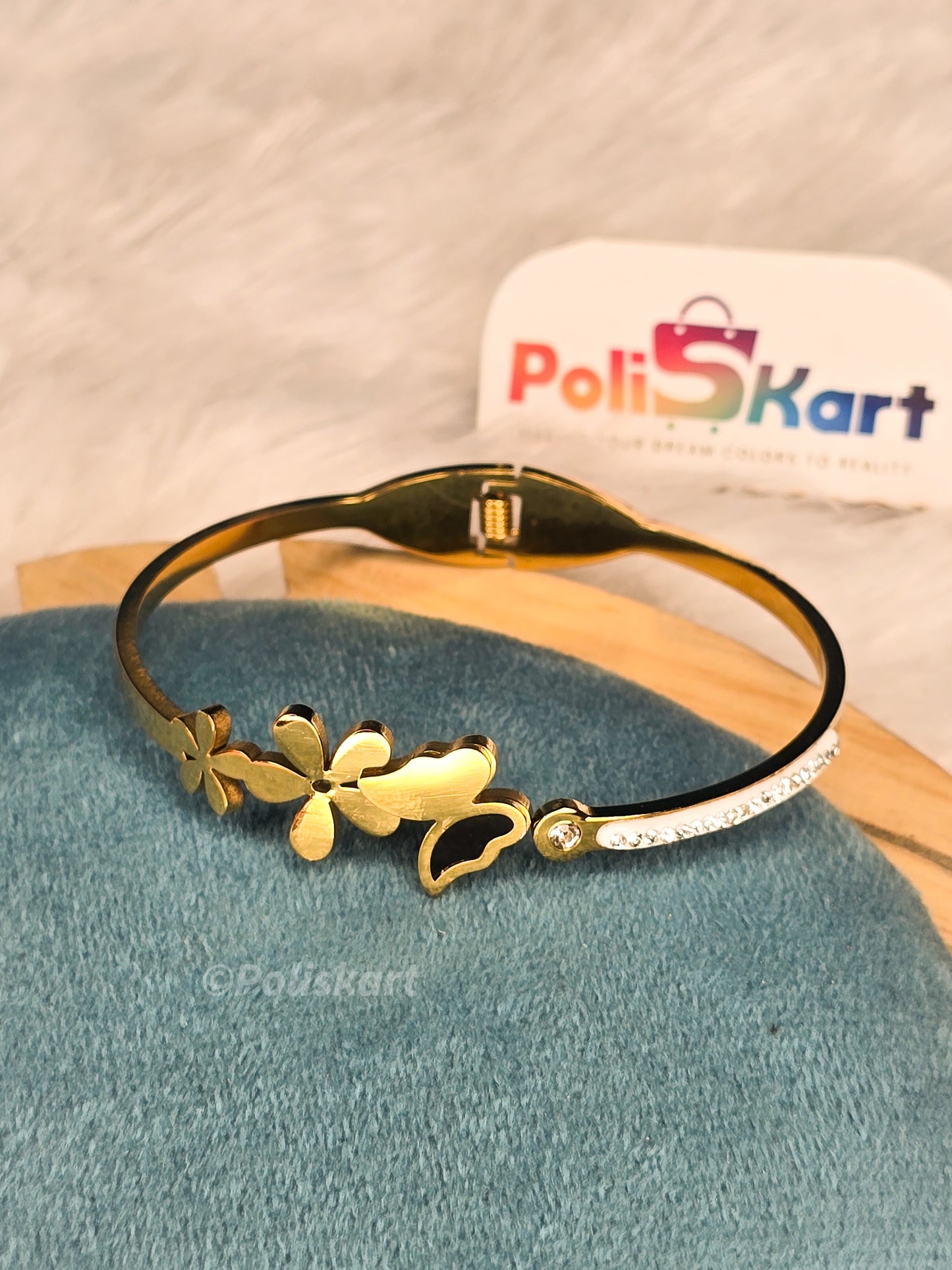 Anti Tarnish cuff bangle- Flower and butterfly design