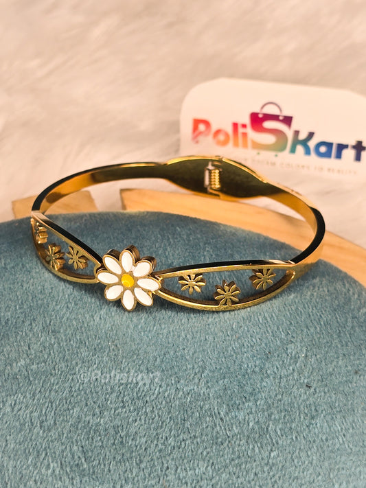 Anti Tarnish cuff bangle- Cute white flower design