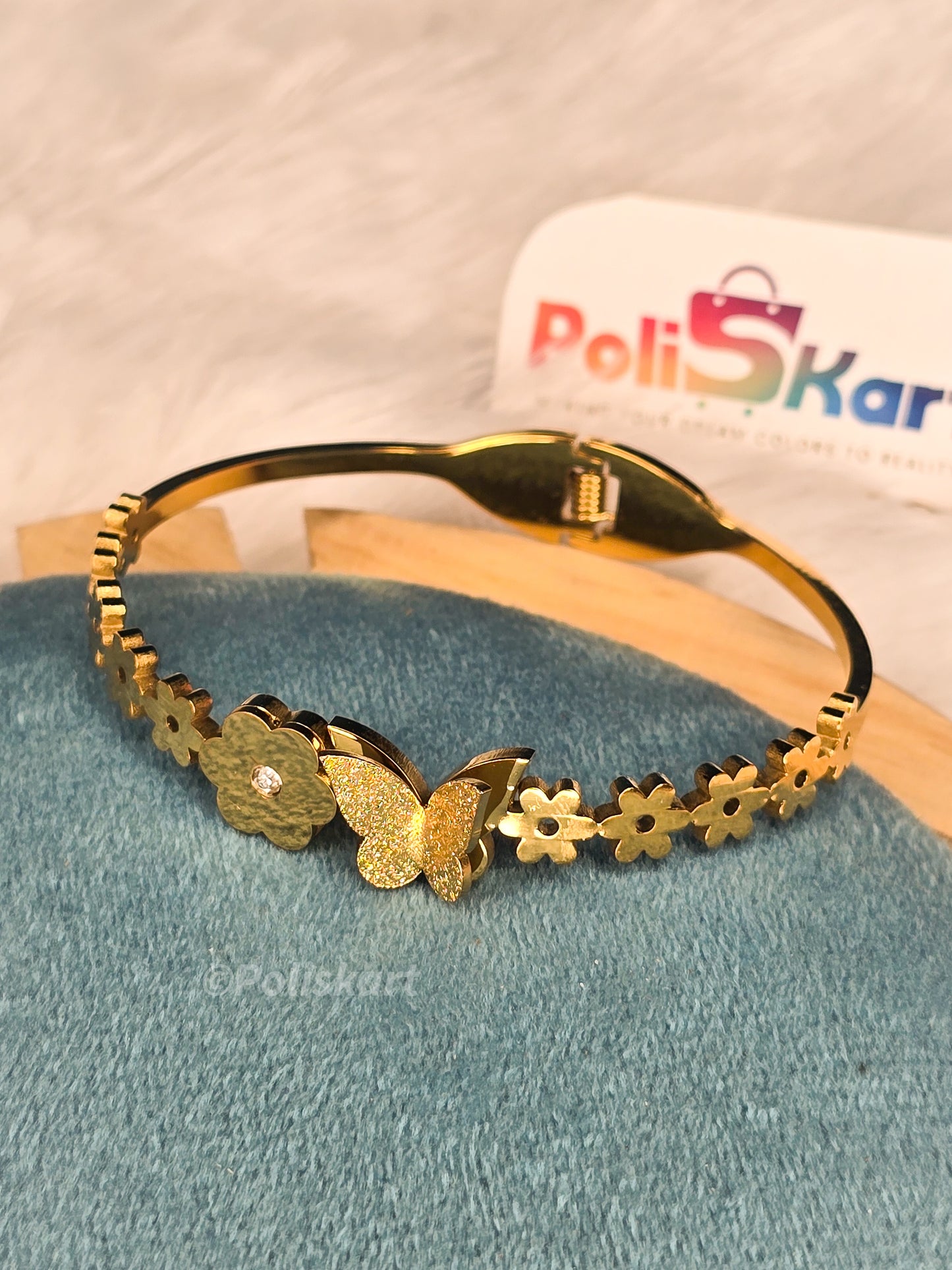 Anti Tarnish cuff bangle- Flower and Butterfly design