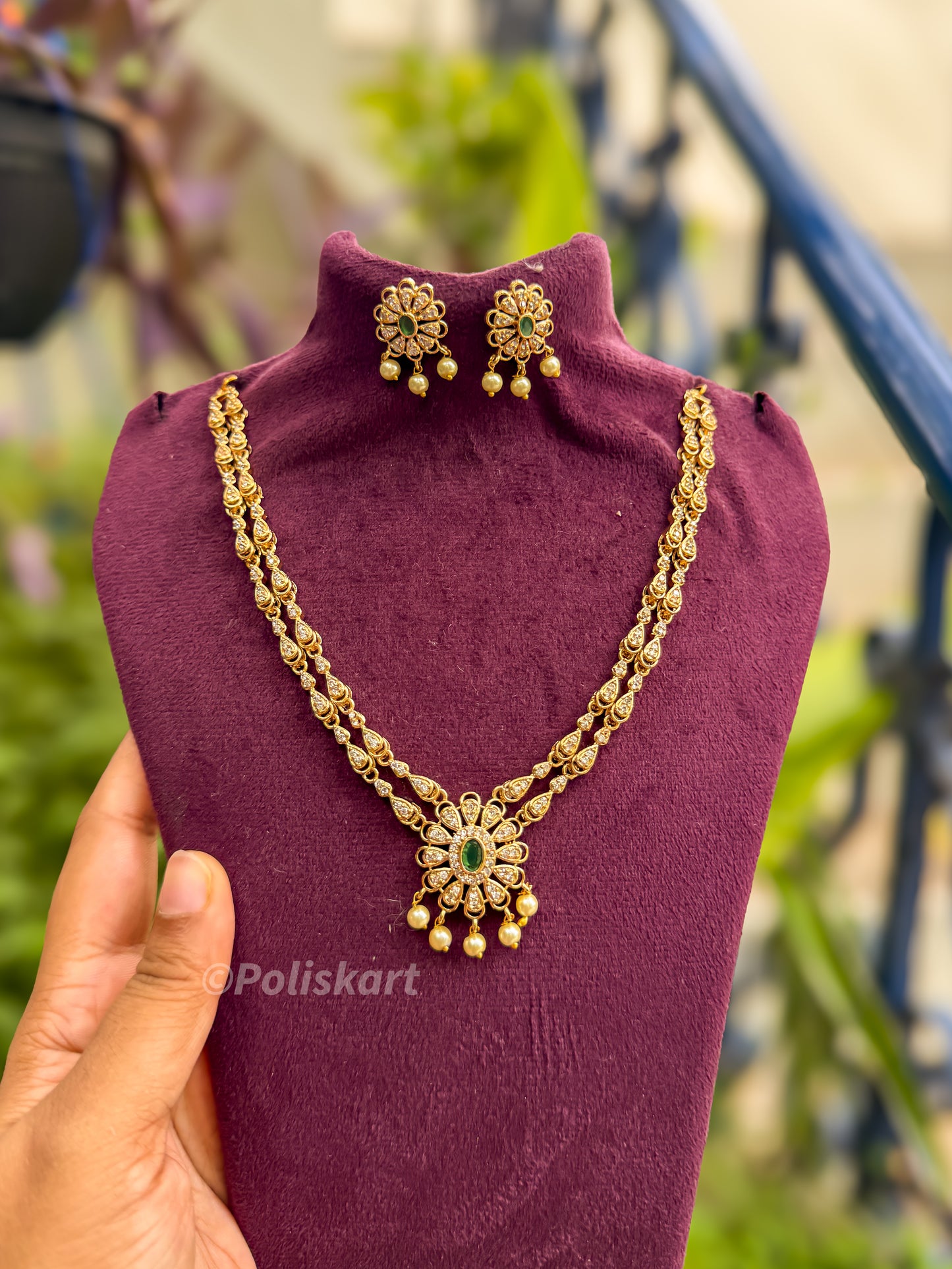 Double layer Green and white stone worked necklace with earing set