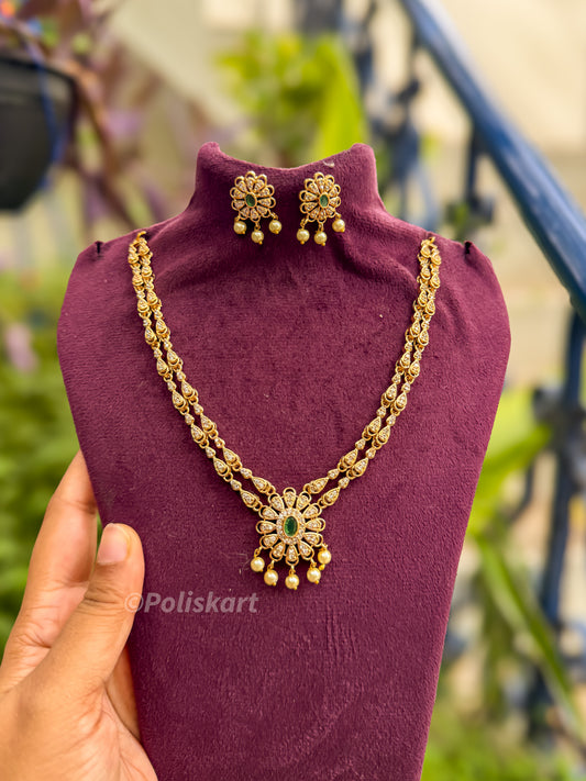 Double layer Green and white stone worked necklace with earing set