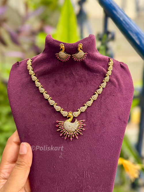 Muti white stone worked peacock designed necklace set with earing