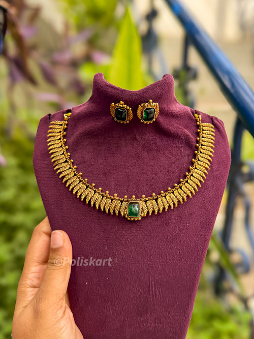 Green stone worked leaf designed necklace with earing set
