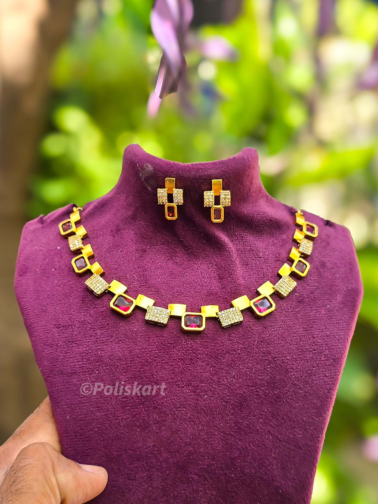 Red stone worked Square design necklace with earing set