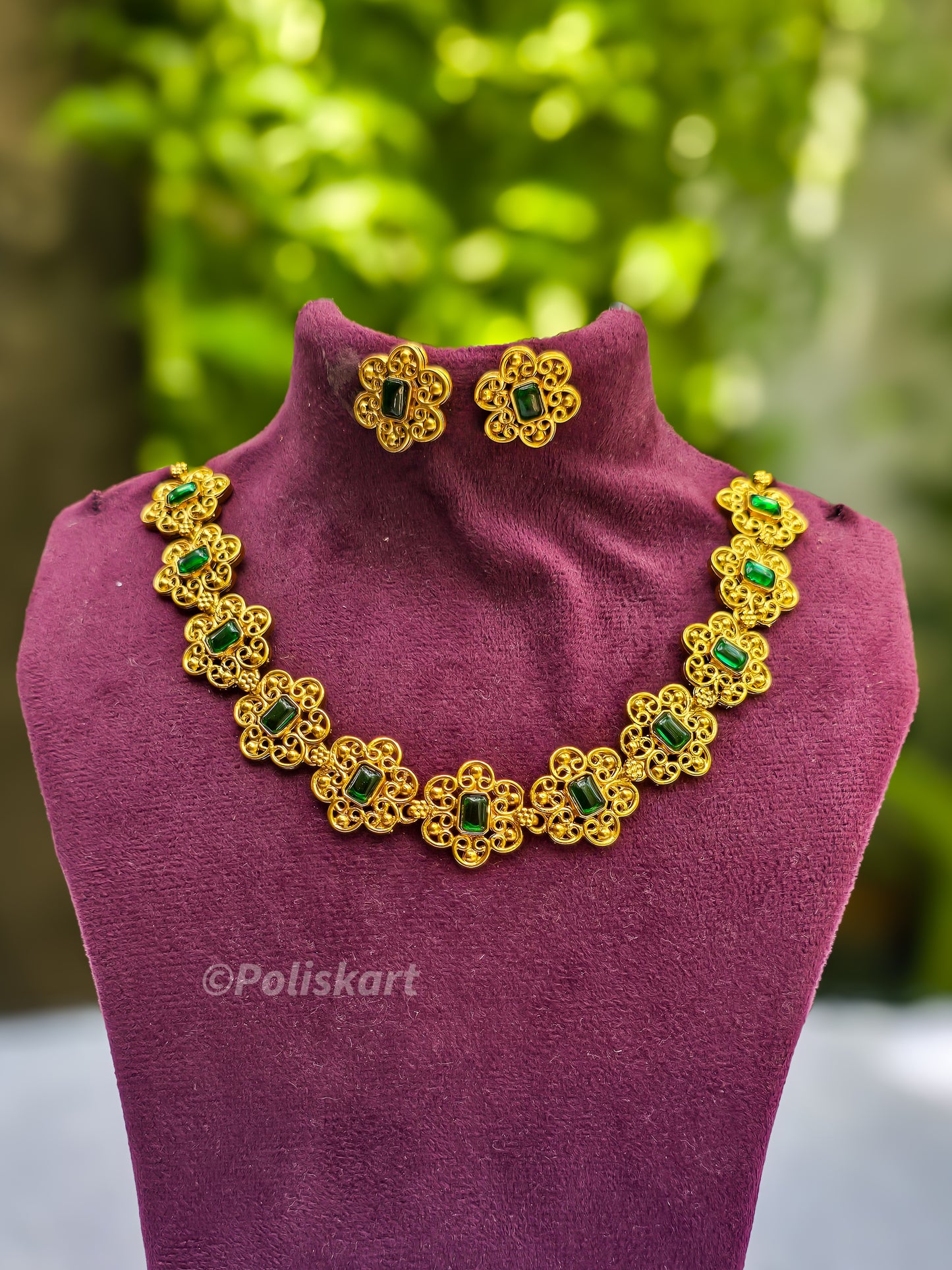 Green stone Flower worked necklace set with earing