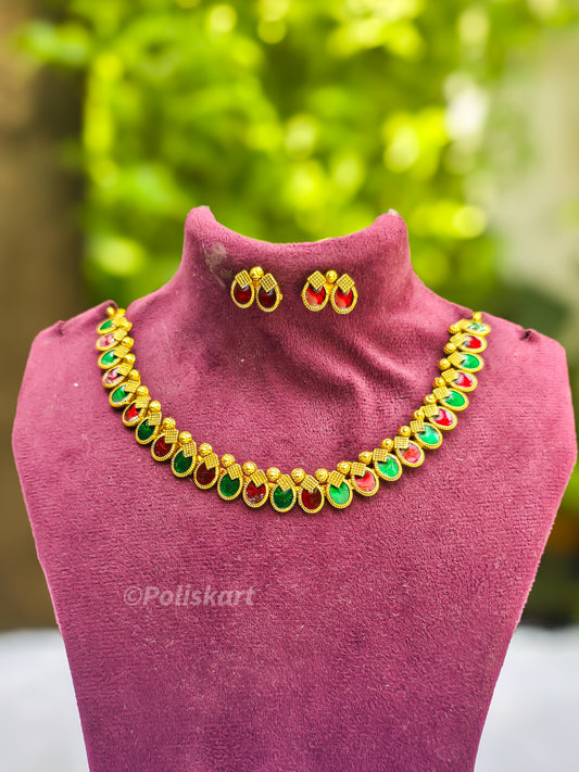 Red and green Stone worked necklace with earing set