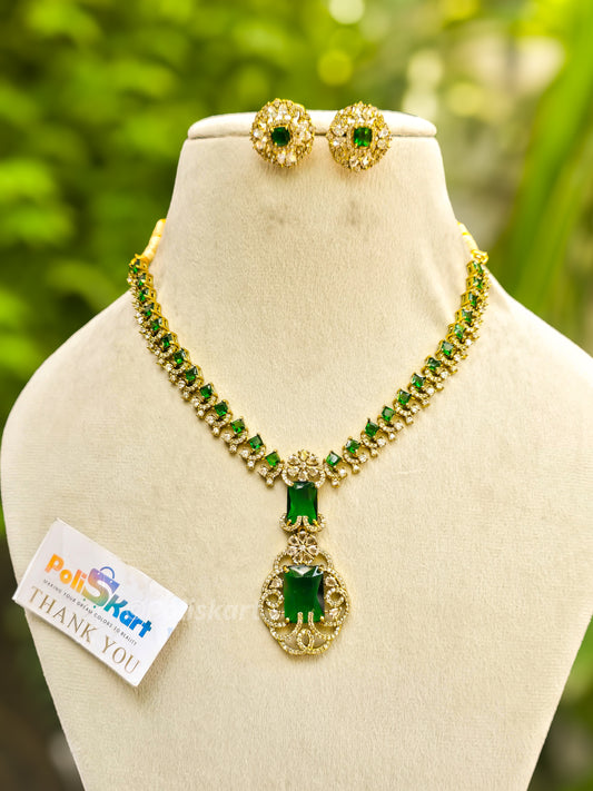 Green stone and white stone worked necklace with earing set