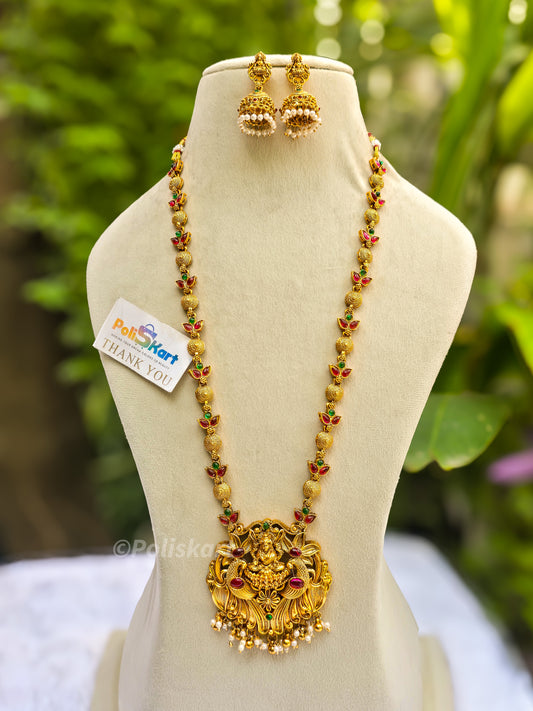 Multi stone worked long Lakshmi haram with earing set