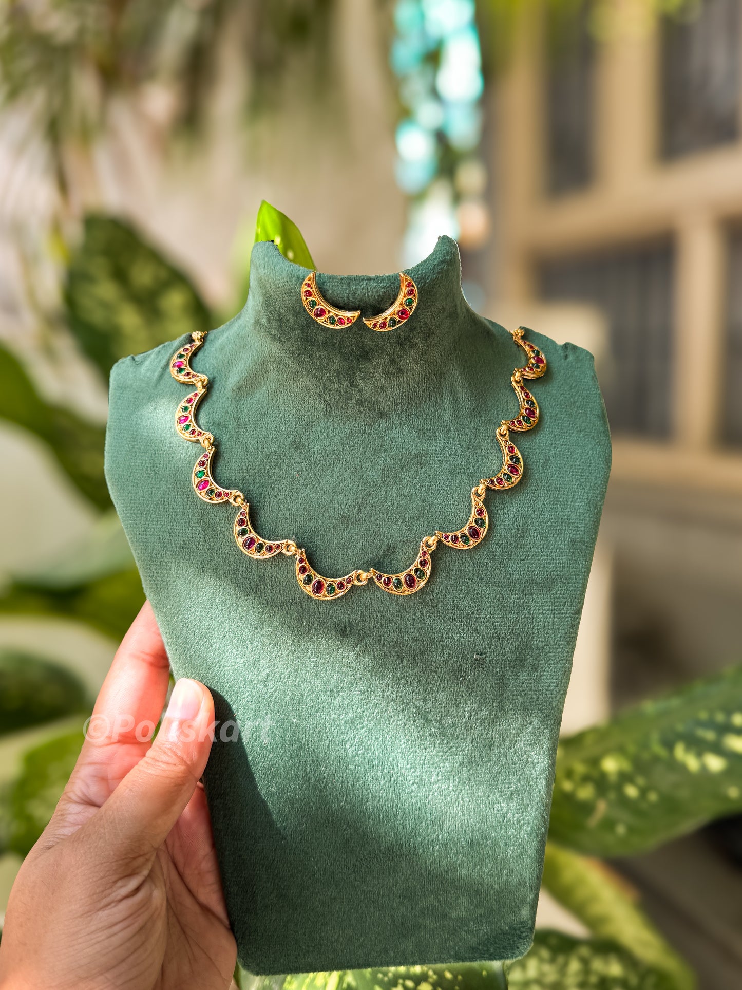 Half moon multi stone worked necklace and earring set