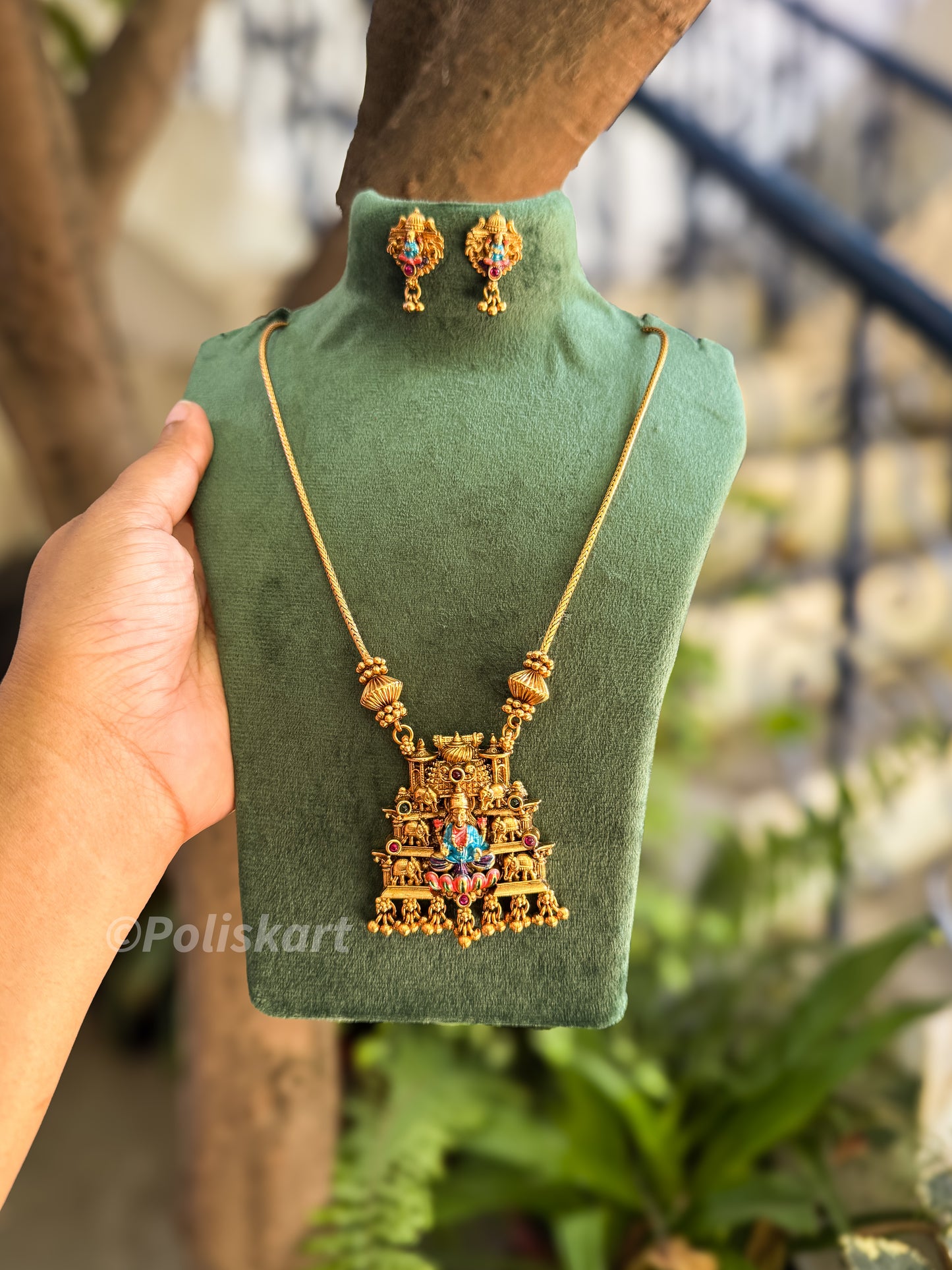 Trending color enamel worked lakshmi pendant with chain and earring set