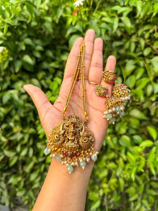 Emarald green designed lakshmi pendant with earring set