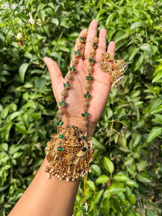 Gold finished premium lakshmi haram with jhumka set