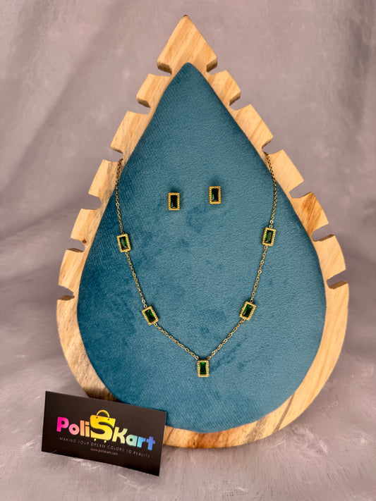 Green square stone designed necklace with earring set