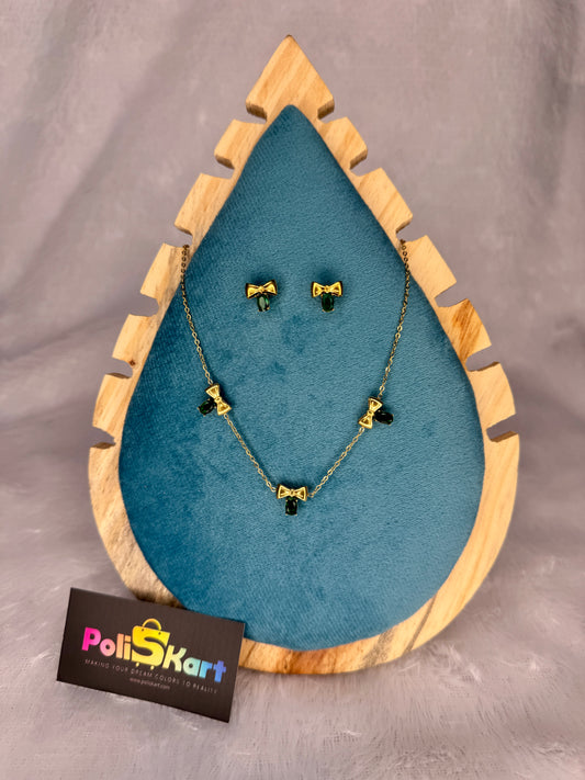 Green stone bow designed necklace with earring set