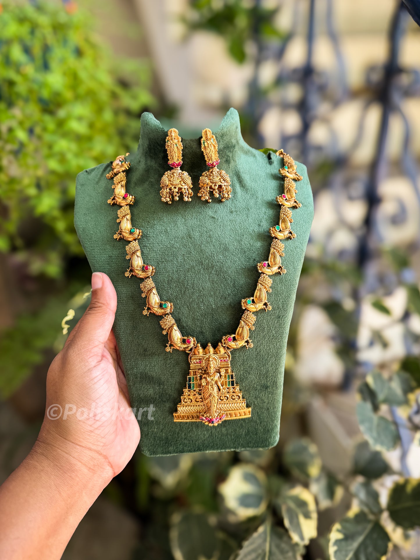 Color peacock highlighted Lakshmi Haram with Jhumka set