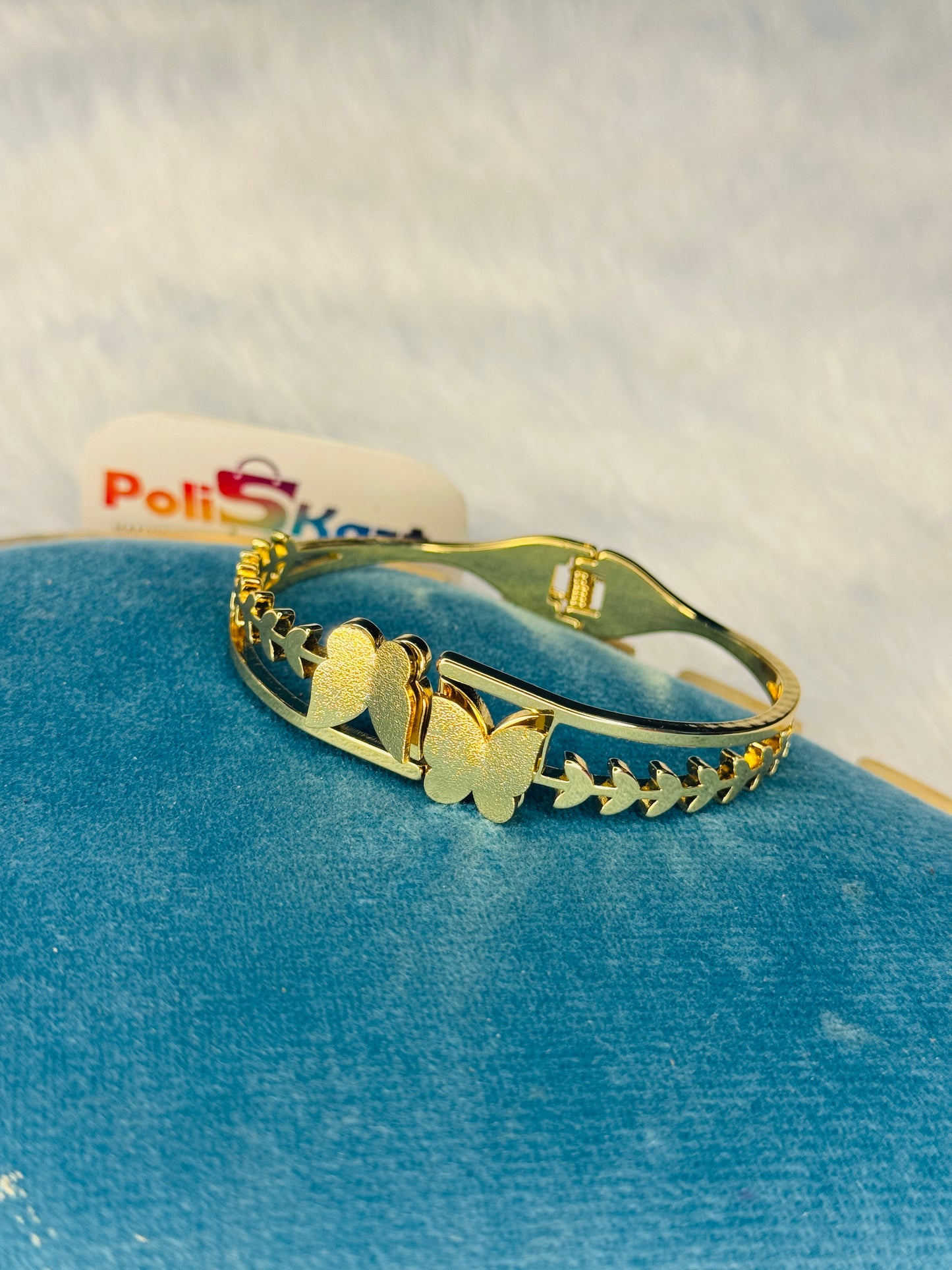 Anit tarnish cuff bangle Free size - Heart with butterfly design