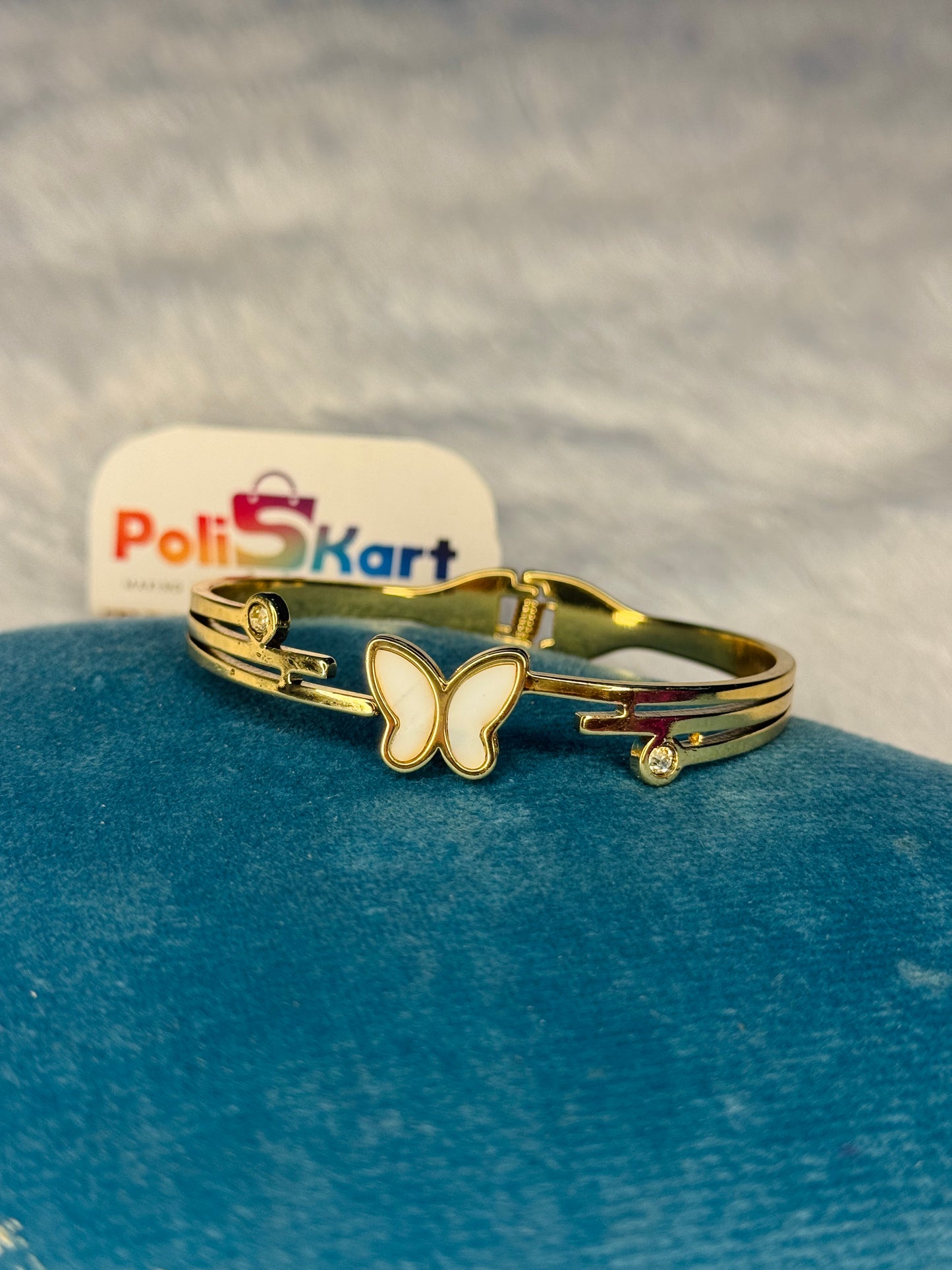 Anit tarnish cuff bangle Free size -  White butterfly design