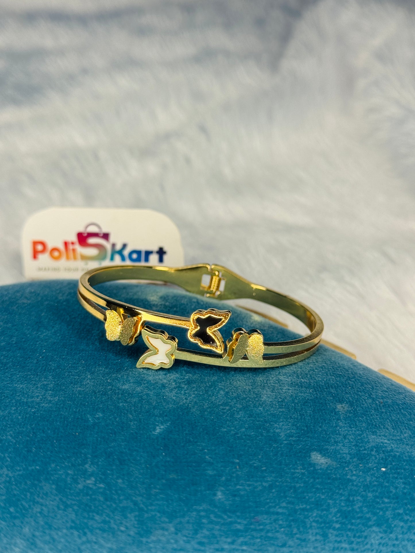 Anit tarnish cuff bangle Free size - Black white and gold butterfly design