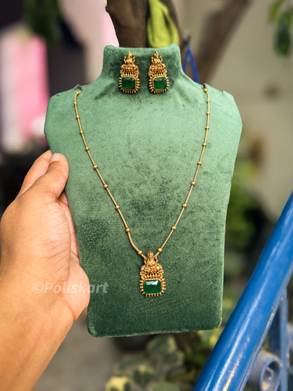Simple single green stone lakshmi pendant with chain and earring set