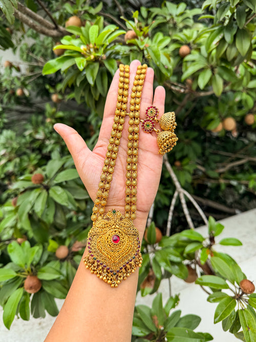 Kerala style peacock designed haram with jhumka set