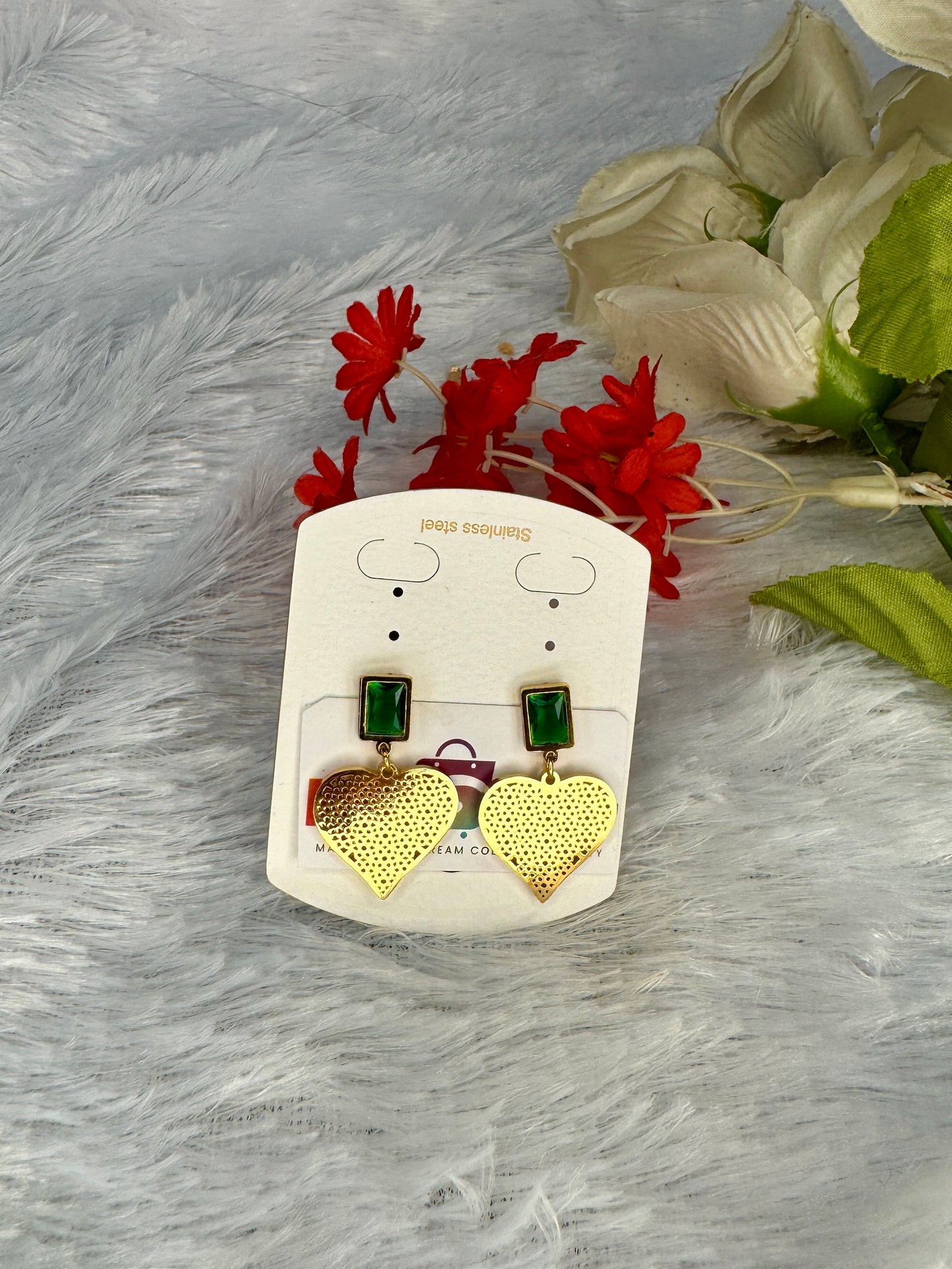 Green and golden heart earing