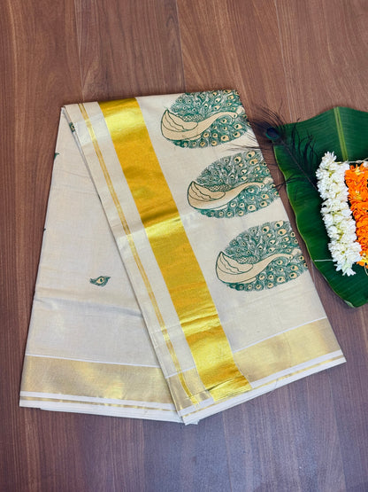 PK042 - Kerala saree - Thread worked Peacock design