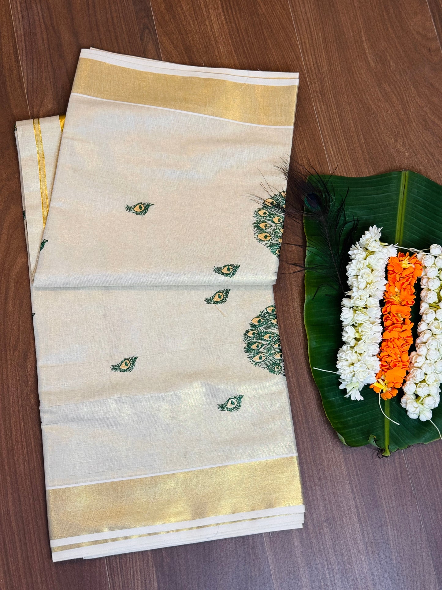 PK042 - Kerala saree - Thread worked Peacock design