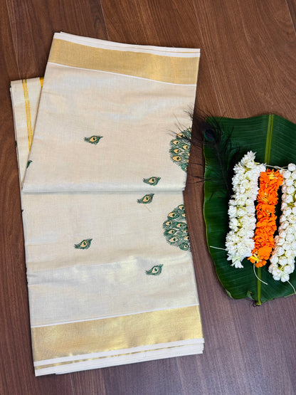 PK042 - Kerala saree - Thread worked Peacock design