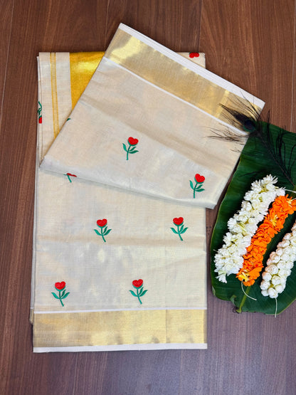 PK041 - Kerala saree - Thread worked rose design