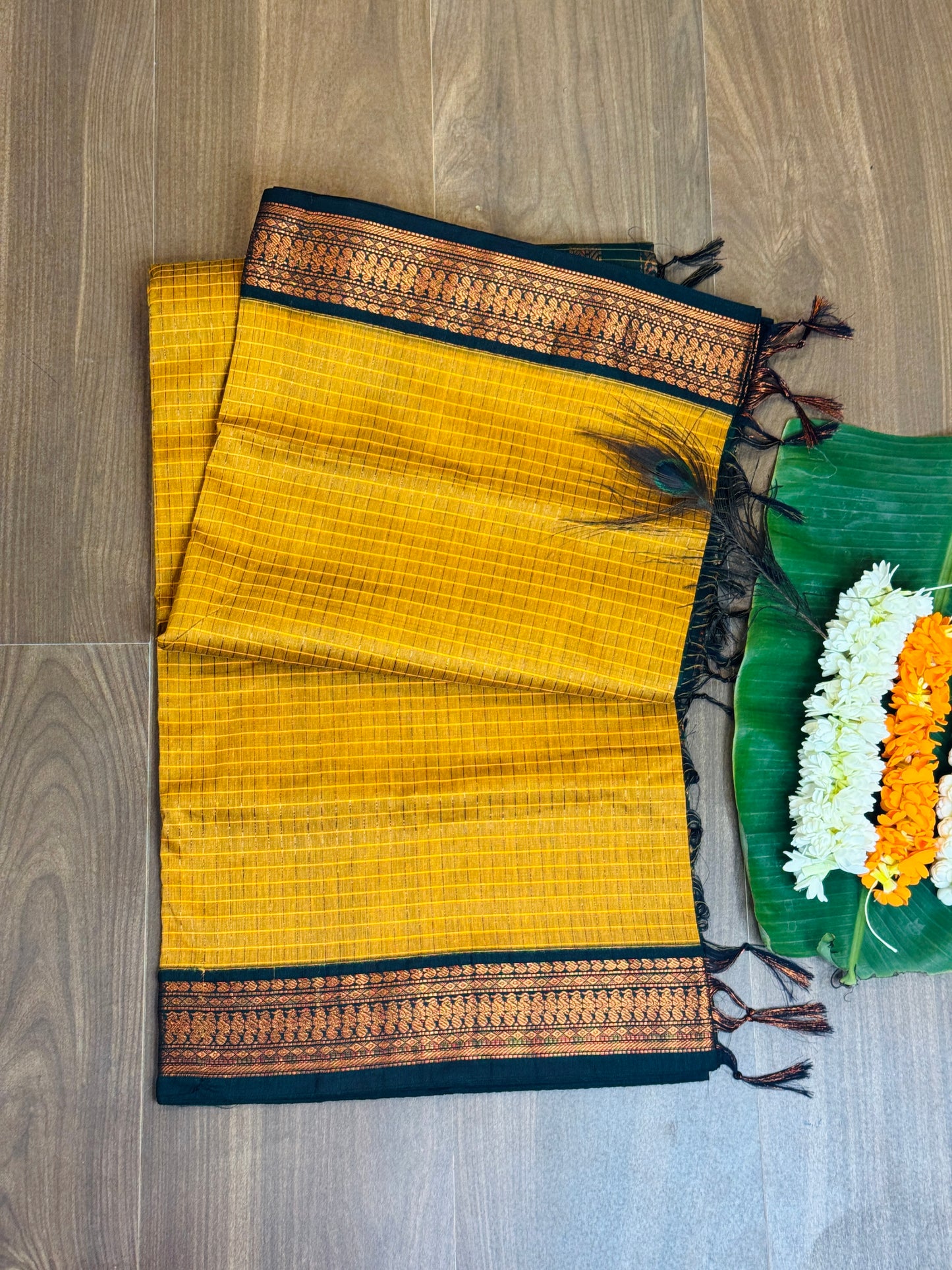 PK038 - Pure Kalyani cotton saree - Yellow with green color