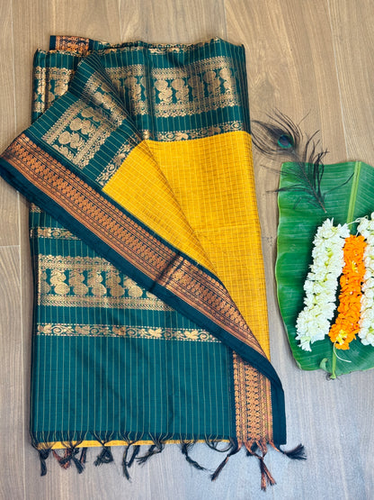 PK038 - Pure Kalyani cotton saree - Yellow with green color