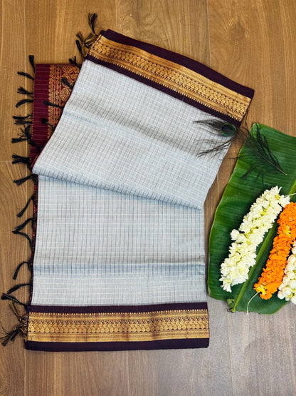 PK037 - Pure Kalyani cotton saree - White with maroon color
