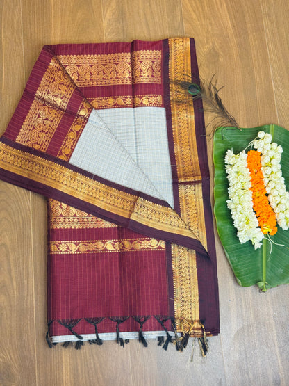 PK037 - Pure Kalyani cotton saree - White with maroon color