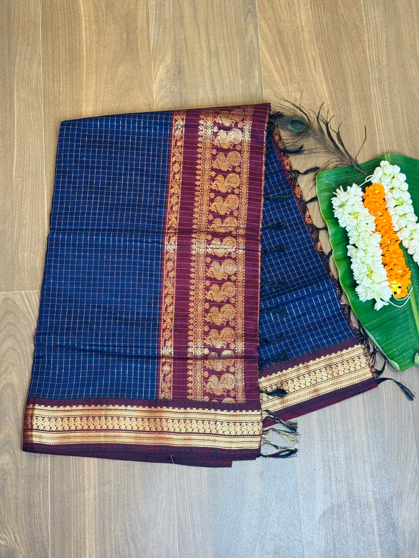 PK036 - Pure Kalyani cotton saree - Blue with Meroon