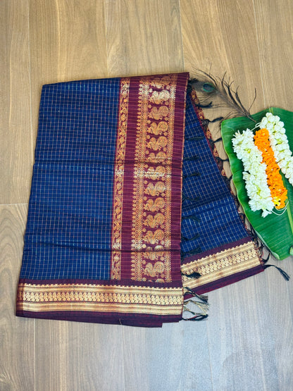 PK036 - Pure Kalyani cotton saree - Blue with Meroon