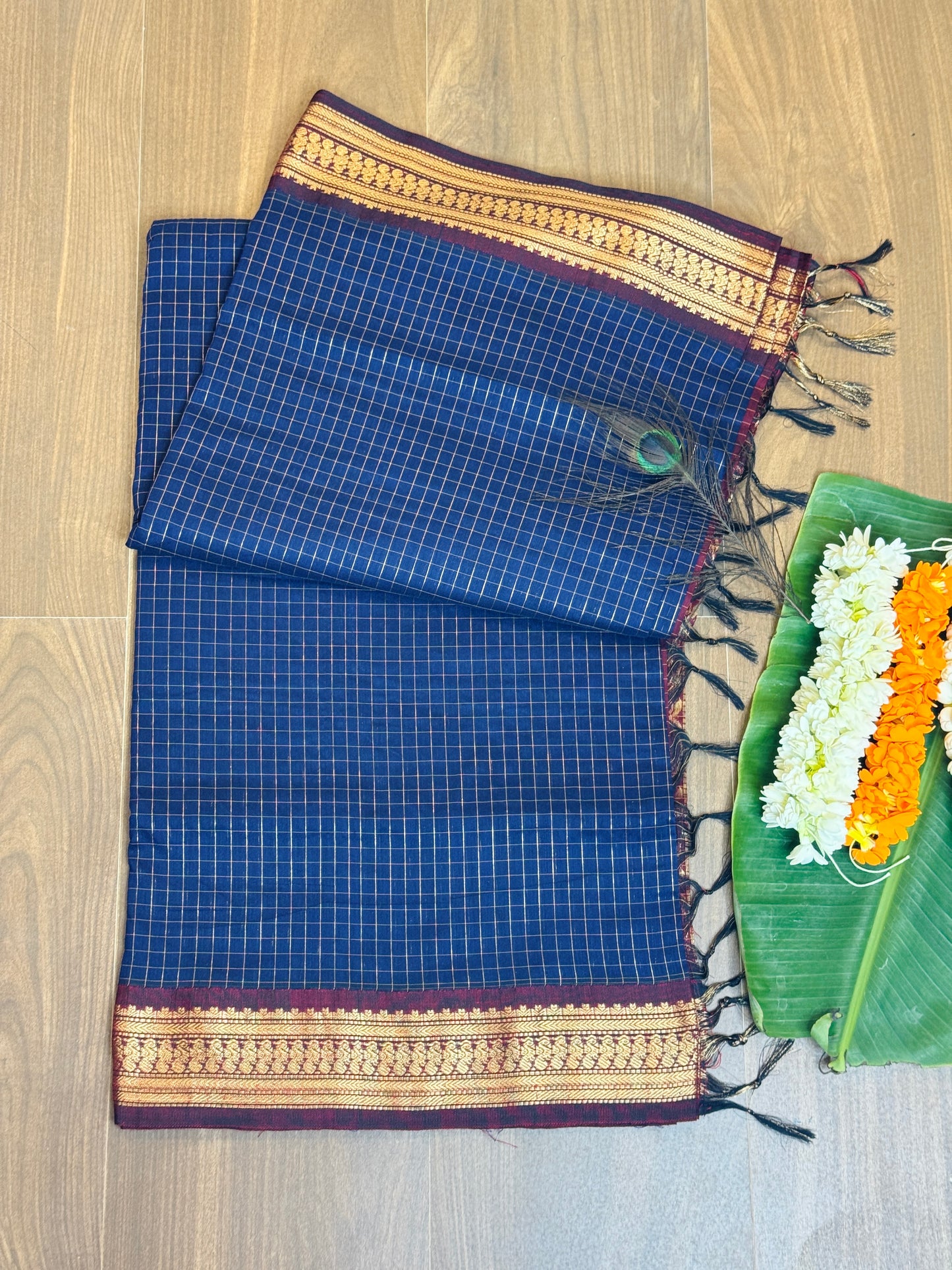 PK036 - Pure Kalyani cotton saree - Blue with Meroon