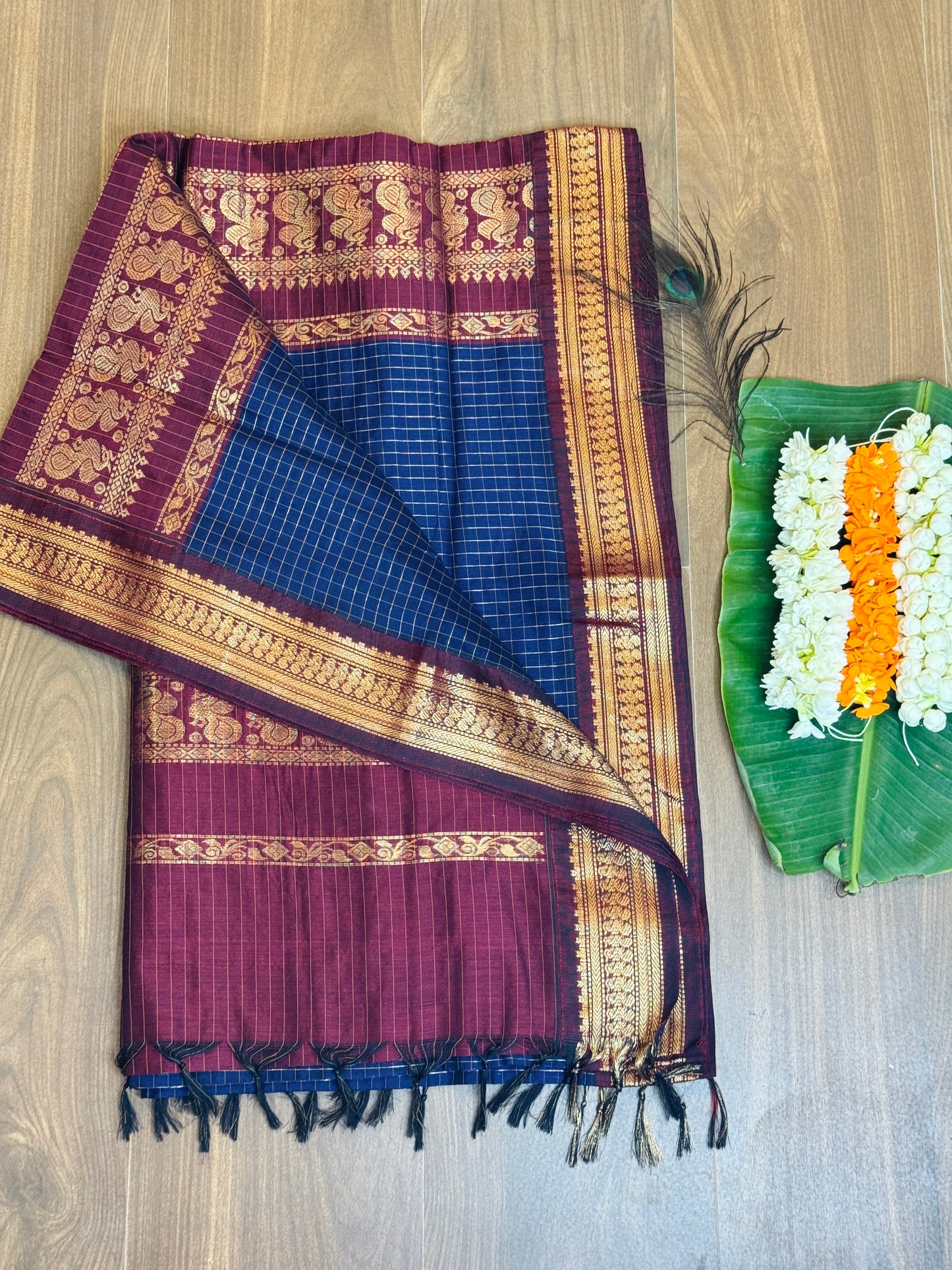 PK036 - Pure Kalyani cotton saree - Blue with Meroon