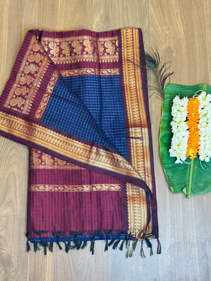 PK036 - Pure Kalyani cotton saree - Blue with Meroon