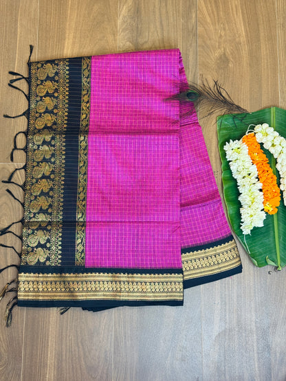 PK035 - Pure Kalyani cotton saree - Pink with Black color