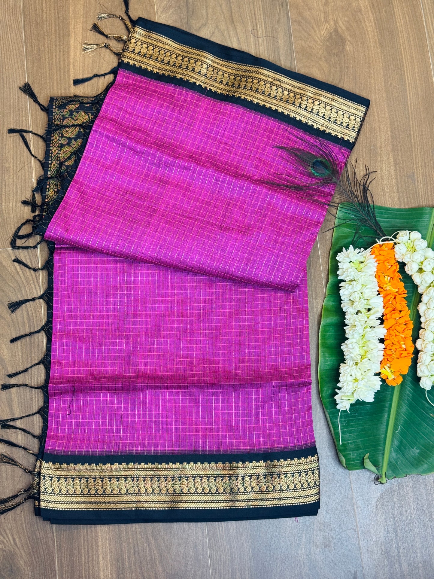 PK035 - Pure Kalyani cotton saree - Pink with Black color