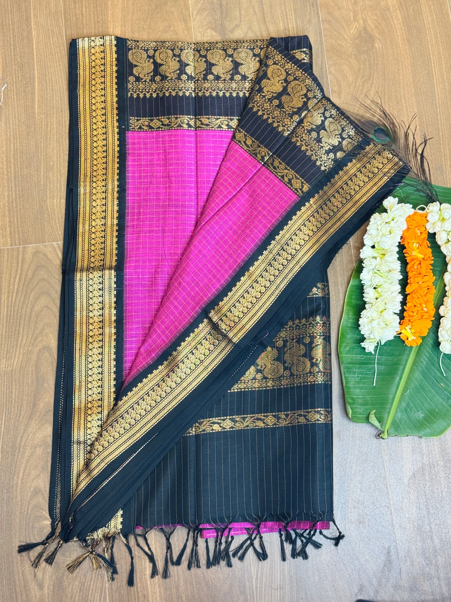 PK035 - Pure Kalyani cotton saree - Pink with Black color