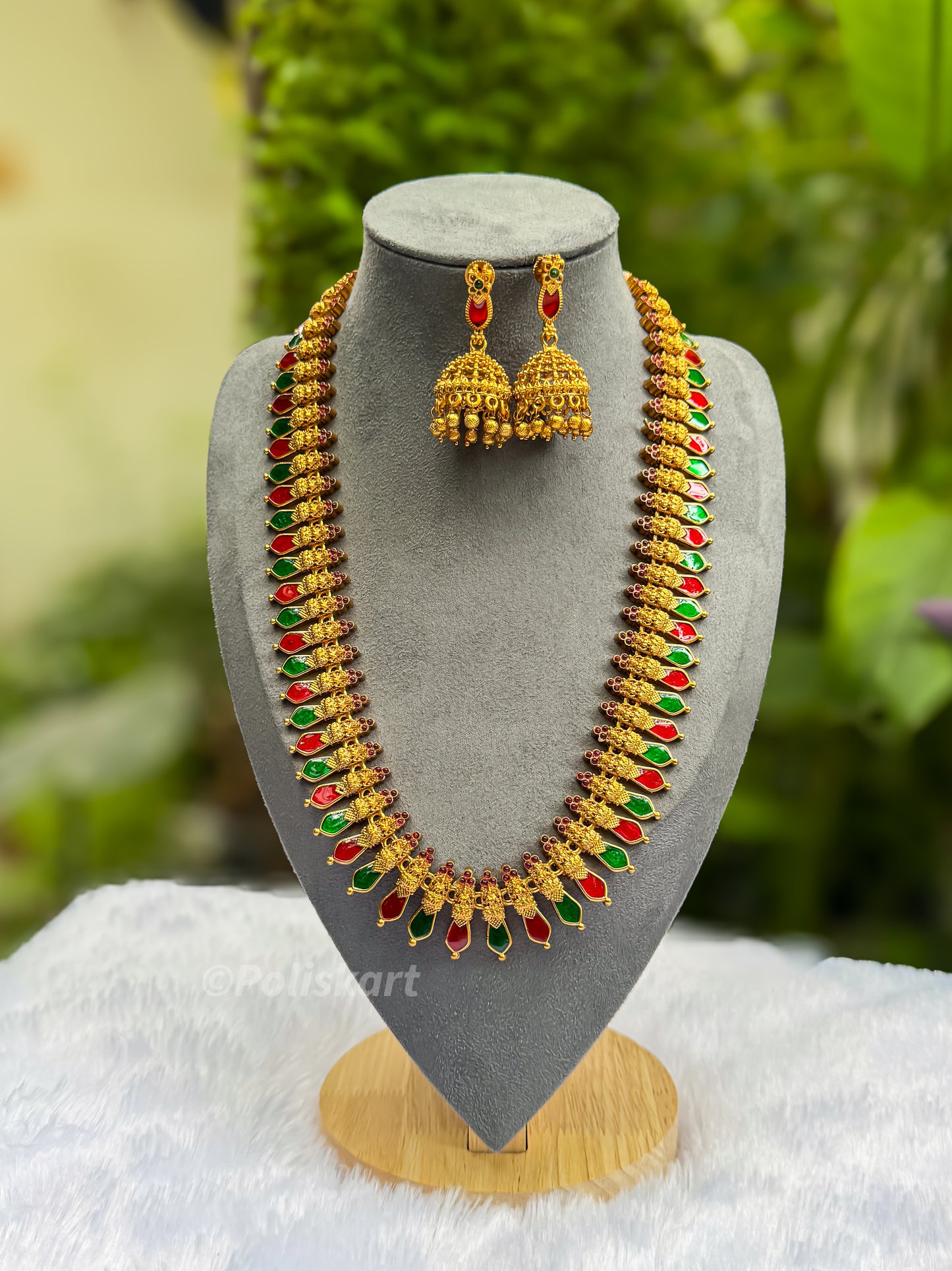 PK047 - Green and ruby Palaka haram with jhumka set