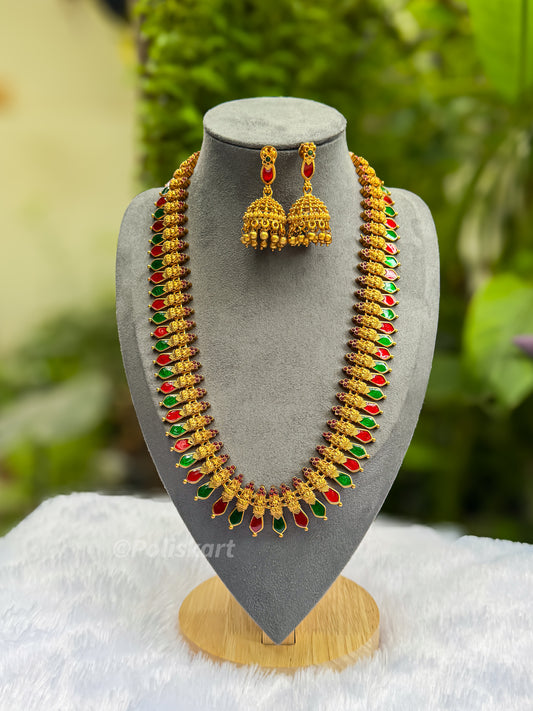 PK047 - Green and ruby Palaka haram with jhumka set