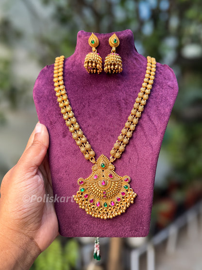 Trending pink and green stone worked Haram with jhumka set