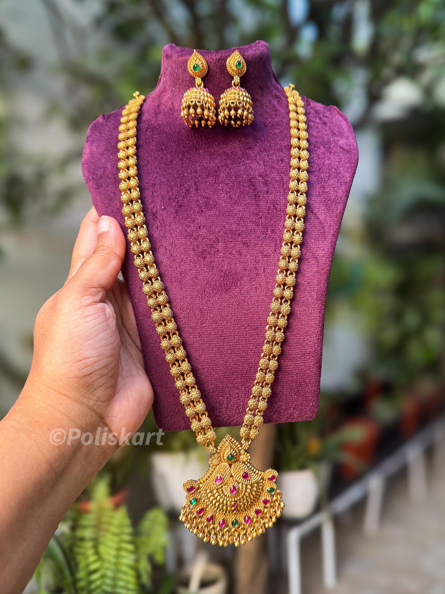 Trending pink and green stone worked Haram with jhumka set
