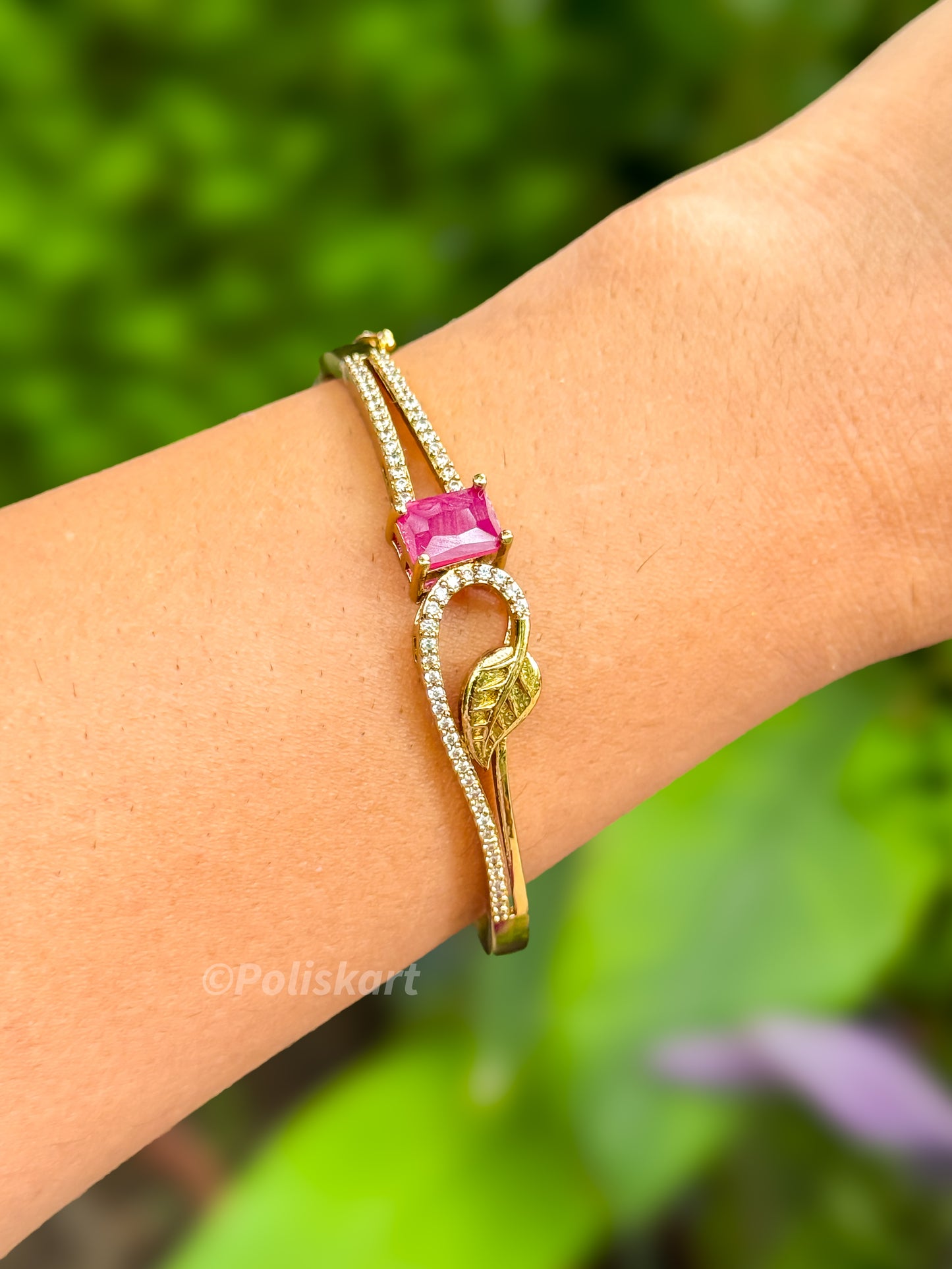 PK070 - Free size Bracelet bangle -  Ruby and White Stone worked design